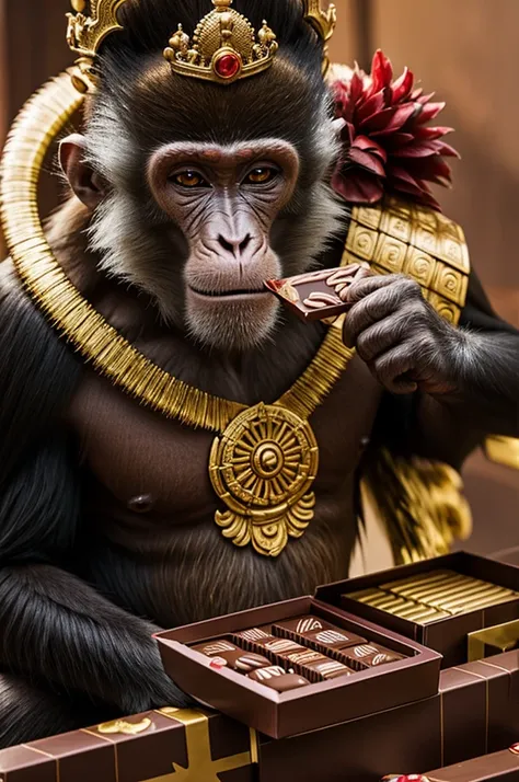 A monkey king eating chocolates 