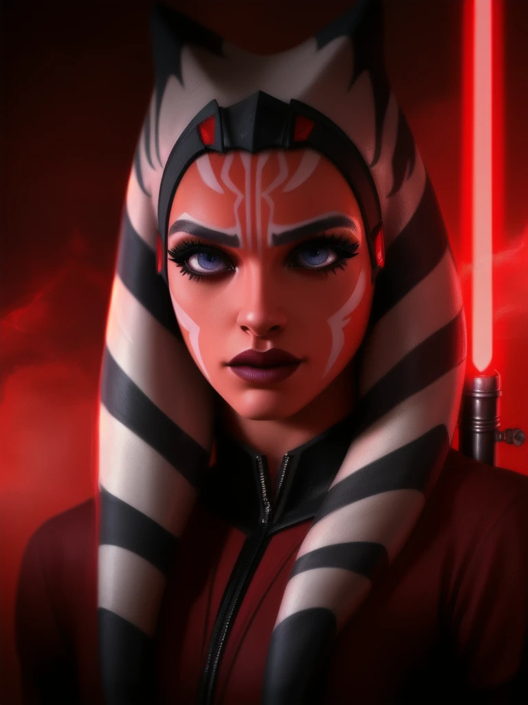 a highly detailed and realistic portrait of Ahsoka Tano, a female Togruta with beautiful detailed eyes, beautiful detailed lips, extremely detailed face, long eyelashes, holding a red lightsaber, dark side version, ambient lighting, cinematic composition, ...