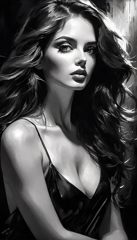 a seductive woman in a black and white oil painting, dramatic chiaroscuro lighting, sensual pose, expressive eyes, full lips, smooth skin, flowing hair, inspired by the art of Bill Sienkiewicz, masterpiece, 8k, ultra-detailed, high quality, photorealistic