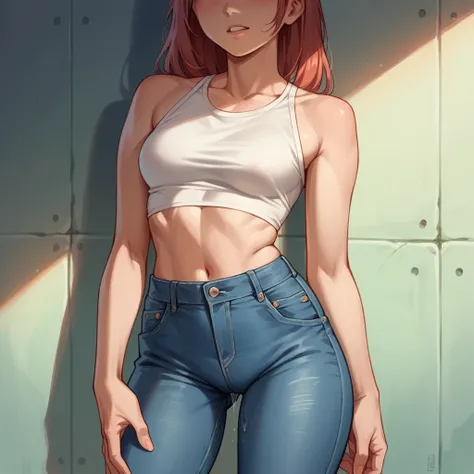 1girl,solo, jeans, crop top, cowboy shot, pussy juice