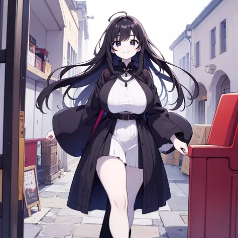 Highest quality, 1girl, solo, black hair, long hair, messy hair, black eyes, gigantic breasts, thick thigs, medieval dress, standing, smile, pale skin