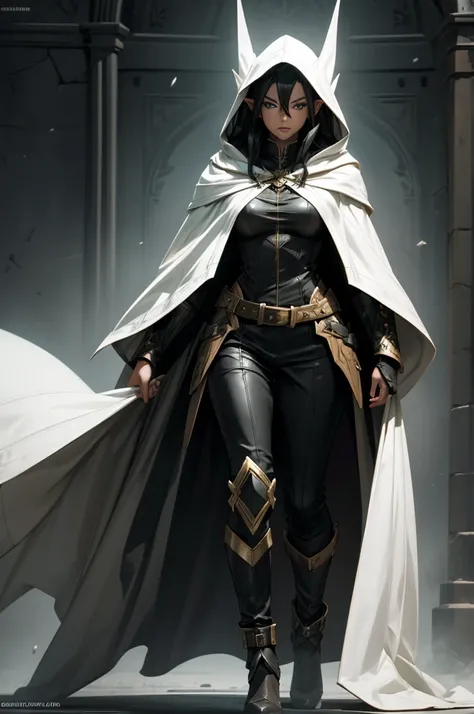 female elf rogue, Black hair, pointed ears, white skin, hooded cape, topaz eyes, leather robes, full body art.