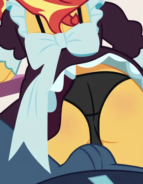 upskirt, duo focus, equestria girls, blushing, sunset shimmer, bra, underwear, grin, evil smile, erection, smiling, butt, clothes, maid, black panties, underwear, sunbutt, show accurate, vector, male pov, tenting, crotch big bulge, big erection in pants, o...