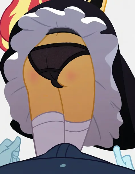 upskirt, duo focus, equestria girls, blushing, sunset shimmer, bra, underwear, grin, evil smile, erection, smiling, butt, clothes, maid, black panties, underwear, sunbutt, show accurate, vector, male pov, tenting, crotch big bulge, big erection in pants, o...