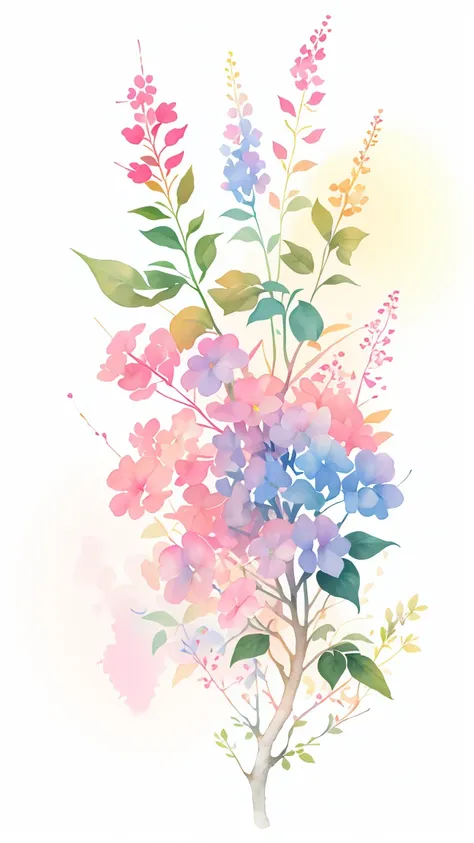 watercolor paiting,It features a simple,Lots of white space,Background Material,Watercolor texture,Rainbow Gradient flower blush red and blue and green and yellow and purple Colorful anyway gradient hydrangea white background, (best quality), masterpiece, ...