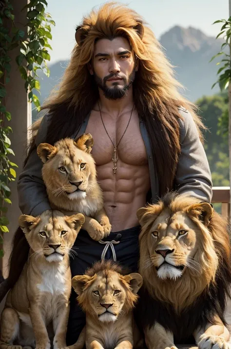 A lion man with the young lion&#39;s twisted shirt