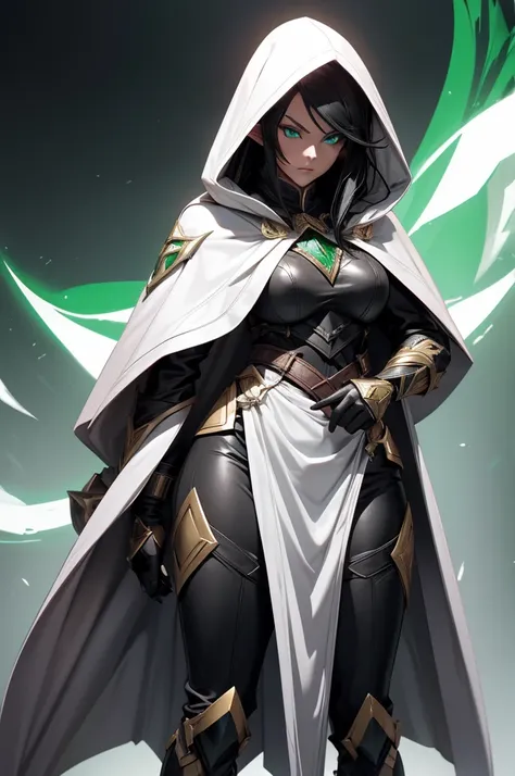 female elf rogue, Black hair, pointed ears, white skin, hooded cape, emerald eyes, black leather armor, full body art.