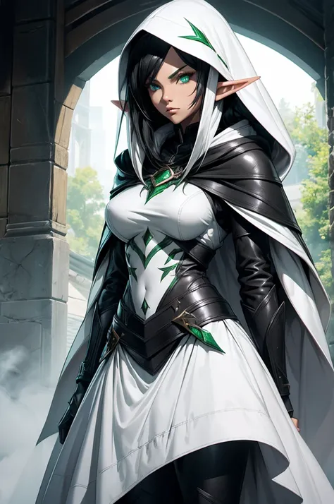 female elf rogue, Black hair, pointed ears, white skin, hooded cape, emerald eyes, black leather armor, full body art.