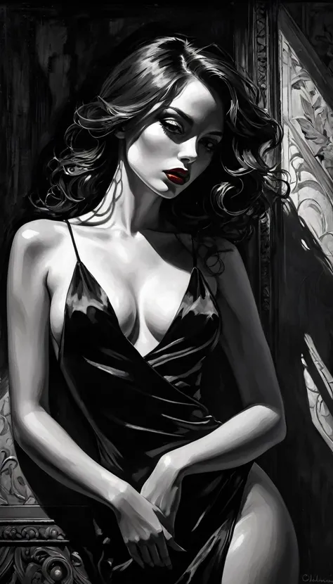 eroticism, sexy, black and white image, between shadows, oil painting, dramatic lighting, dramatic contrast, chiaroscuro, detailed face, sensual expression, elegant pose, female figure, mysterious, moody, cinematic, dark romantic, Bill Sienkiewicz inspired...