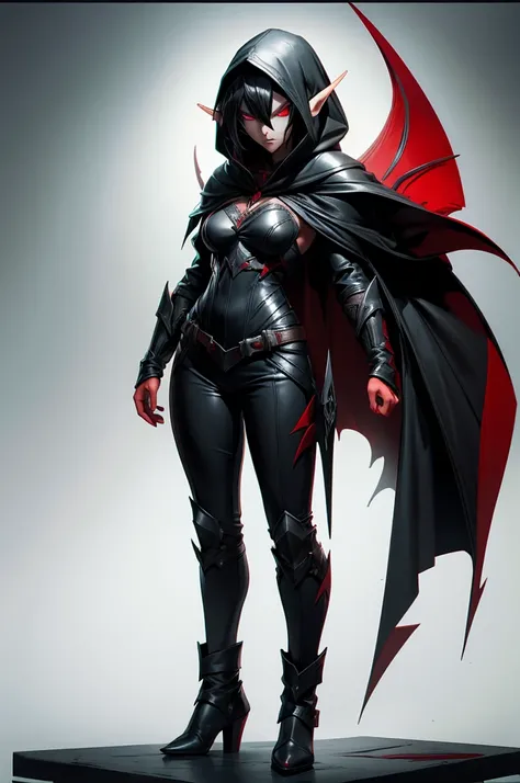 female elf rogue, Black hair, pointed ears, white skin, sinister black hooded cape, red eyes, leather armor, full body art.