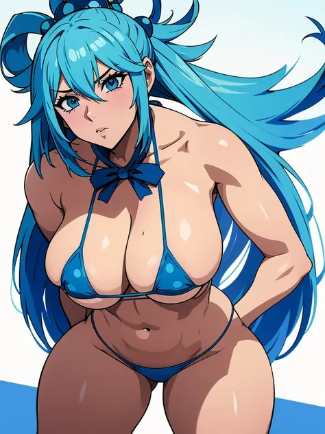 anime style ecchi, 1 girl, Aqua Konosuba,sexy pose, thick thighs, buffer, buttocks, huge breasts, (blue micro bikini:1.4), White background