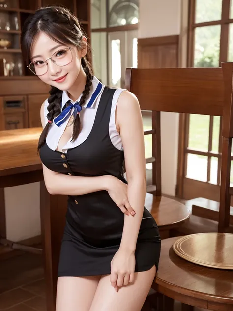 Highest quality、masterpiece、8K、Very detailed、Realistic、One person、Looking at me with a smile、whole body、Big Breasts、Erect nipples、Thin and beautiful legs、Tight and slim waist、A tight-fitting, sleeveless waitress uniform with buttons and a collar、Braid、Glas...