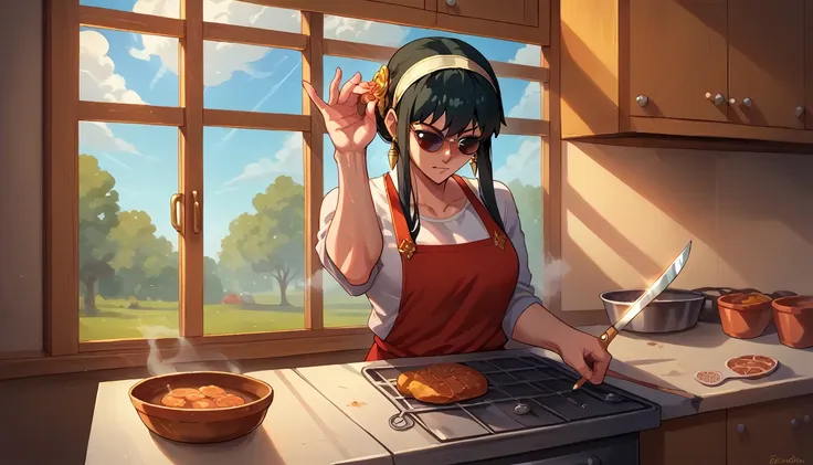 score_9, score_8_up, source_anime, saltbaememe, salt, sunglasses, kitchen, kitchen knife, flesh, 1girl, yor briar, casual, rotte...