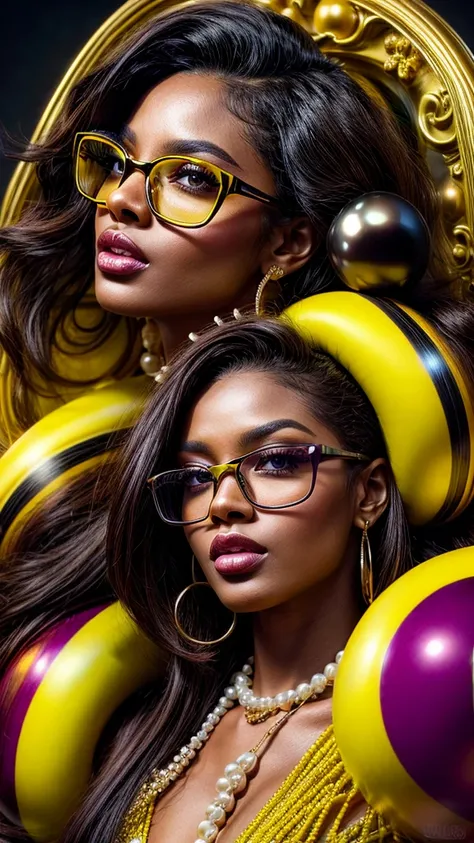 Beautiful brunette with slightly dark skin and black hair with pearls for advertising stylish glasses with yellow frames, swirly vibrant colors, hyper realistic art in 4k, hyper realistic hair