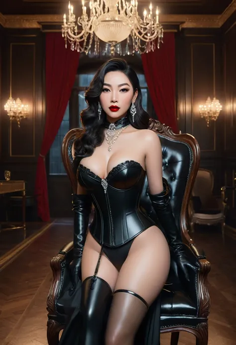 masterpiece, a high-quality, photorealistic portrait of Queen Ivy, an elegant and sophisticated dominatrix of Asian descent. She has a commanding presence with a height of 170 cm (57") and a curvaceous hourglass figure, featuring measurements of 94 cm bust...