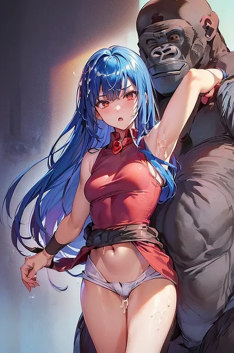 masterpiece, best quality,anime style, 1 girl,(((slender body))), (((small breast))),(((hot pants, blue tanktop,red tie))),(((((a gorilla man grabbing the girl))))), ((((restrained, arms behind back)))),((((cum)))), (beautiful face), (((long hair))), (((st...