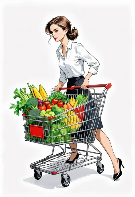 30-second draft, on a white page of a sketchbook, of a young elegant woman pushing a supermarket cart, few colors and no bacground