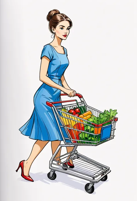 30-second draft, on a white page of a sketchbook, of a young elegant woman pushing a supermarket cart, few colors and no bacground