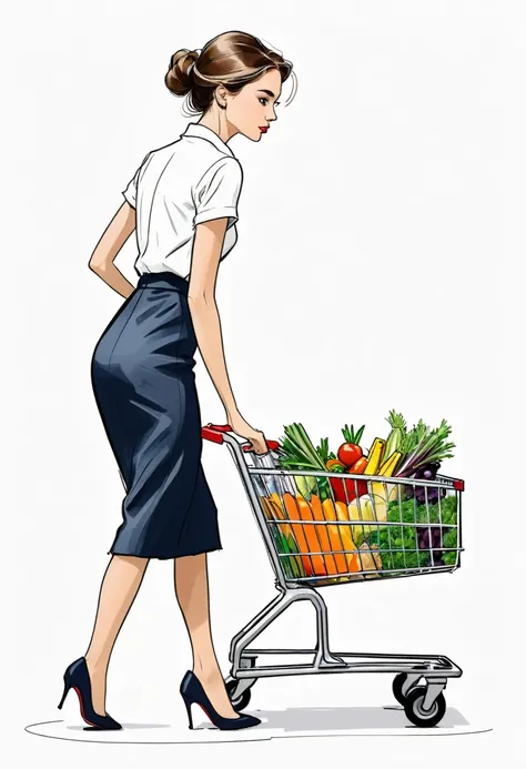 30-second draft, on a white page of a sketchbook, of a young elegant woman pushing a supermarket cart, few colors and no bacground