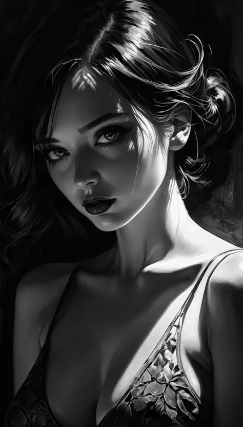 eroticism, sexy, black and white image, between shadows, oil painting, dramatic lighting, dramatic contrast, chiaroscuro, detailed face, sensual expression, elegant pose, female figure, mysterious, moody, cinematic, dark romantic, Bill Sienkiewicz inspired...