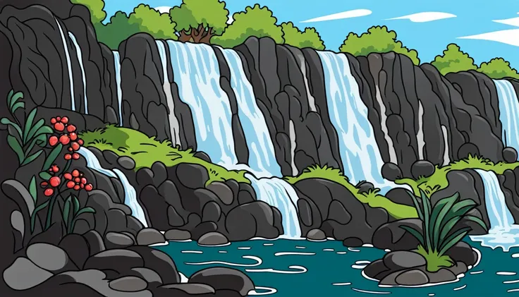 /imagine prompt: waterfall illustration for banner on white background, bold outline style, irregular, trashcore, light shading