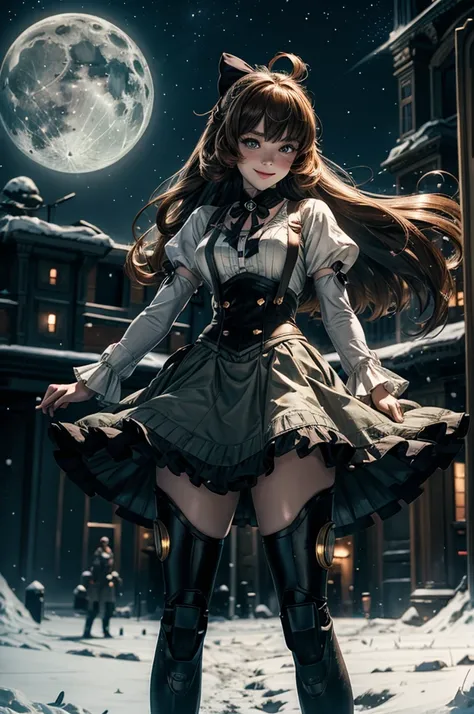 cowboy shot, (dynamic pose), smile,  underbust, Penny Polendina, long hair, neck ribbon, suspender skirt, corset, black bow, white blouse, mechanical legs, neon trim, standing, in planetarium, spectators, crowd, BREAK night, stars, moon, snow, BREAK  (volu...