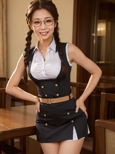 Highest quality、masterpiece、8K、Very detailed、Realistic、One person、Looking at me with a smile、whole body、Big Breasts、Erect nipples、Thin and beautiful legs、Tight and slim waist、A tight-fitting, sleeveless waitress uniform with buttons and a collar、Braid、Glas...