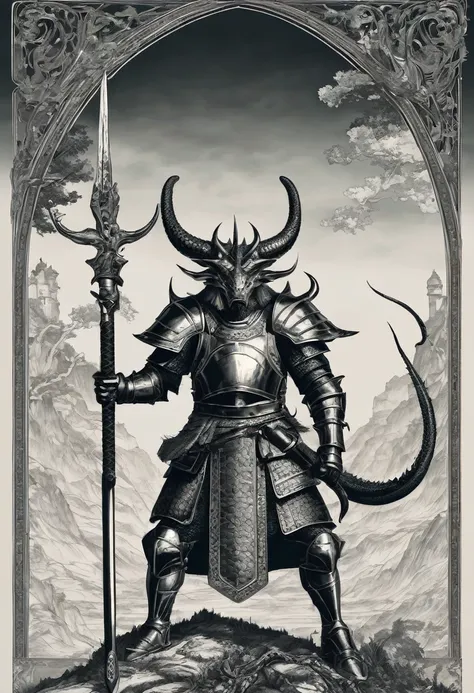 Man with dragon horns, using armor and sword 