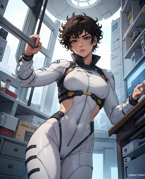 Man with short curly hair, white skin, gray eyes, defined and athletic body, white science fiction costume clothes with golden details, look forward, confident,