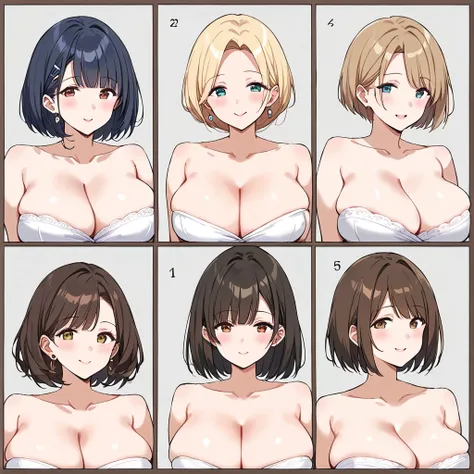 masterpiece, best quality, simple background, random hairstyle, large breasts,  4 girls,  character sheet, close-up, milf,