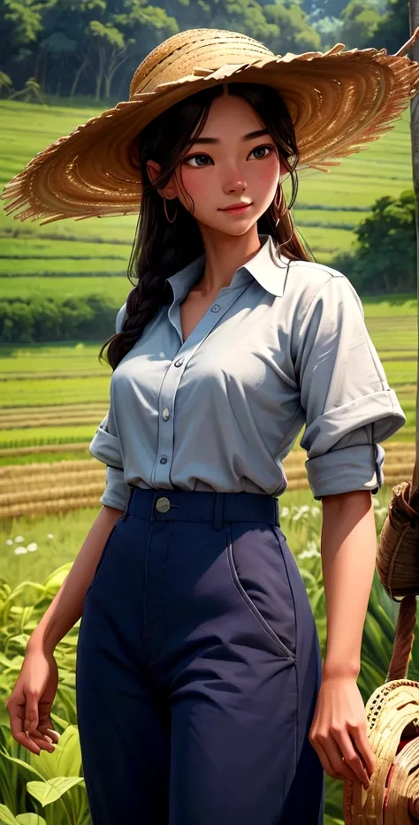 An image of Li, a young farmer wearing simple traditional clothes: a loose shirt, pants, and a straw hat, working in his field with a lush and vibrant background. (good quality:1.2), (Ultradetailed:1.2), (ultradetailed face:1.2), (ultradetailed body:1.2)