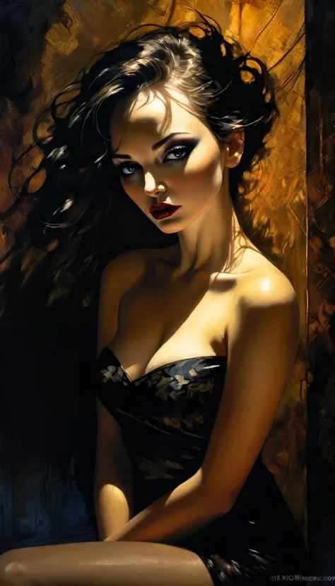 eroticism, sexy, black and white image, between shadows, oil painting, dramatic lighting, dramatic contrast, chiaroscuro, detailed face, sensual expression, elegant pose, female figure, mysterious, moody, cinematic, dark romantic, Bill Sienkiewicz inspired...