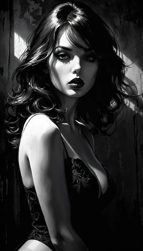 eroticism, sexy, black and white image, between shadows, oil painting, dramatic lighting, dramatic contrast, chiaroscuro, detailed face, sensual expression, elegant pose, female figure, mysterious, moody, cinematic, dark romantic, Bill Sienkiewicz inspired...