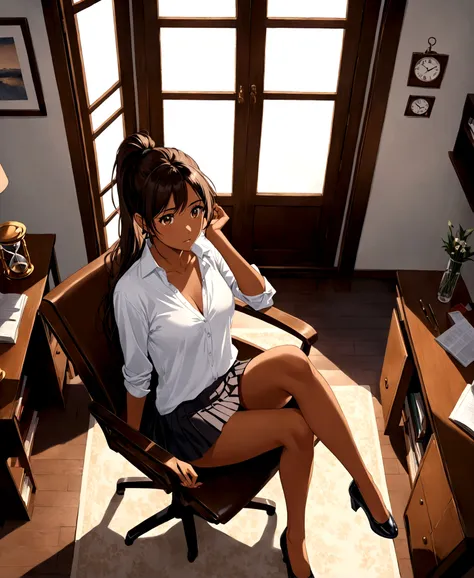 A beautiful woman, in her 20s, overwhelmed, sad, blushing, in her room, dusk, sobbing, window open, studying, sitting in a chair, behind a desk, aerial view, top focus, looking up at the ceiling, /(tanned brown skin, extremely long straight dark brown hair...