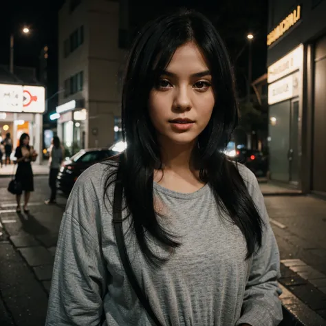 Girl with medium black hair at night and smoking 