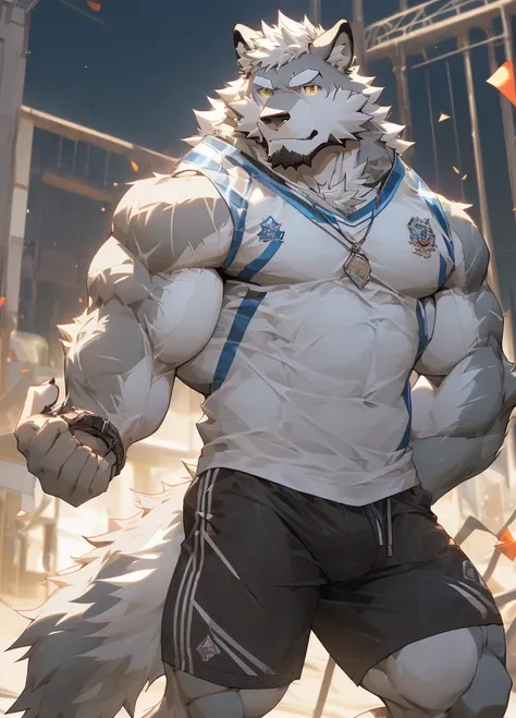 （masterpiece），（Very detailed），（best quality），hairy，Wolf，gray fur，White hair，golden pupil muscles，(((white)Four-corner shorts))，((Semi-naked 1.3))，((Convex))，(cool pose 1.4)，8K，((high quality))，((high detail))