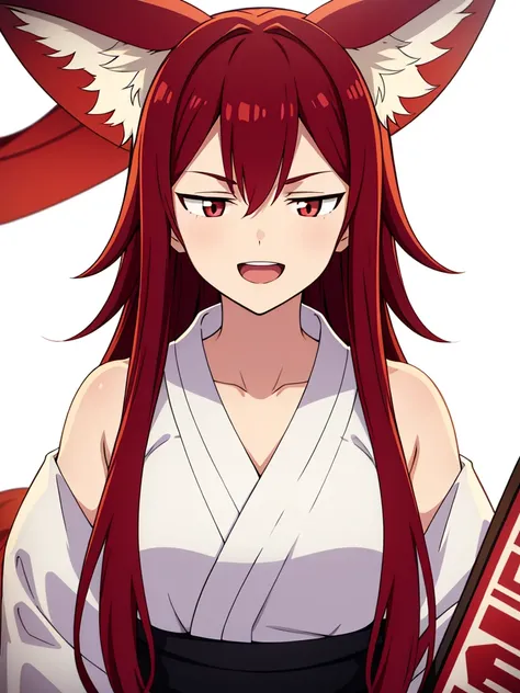 1girl ,solo,20s,mature female,smile,open mouth,red hair,long hair,fox ears,(white background),white yukata,(upper body)