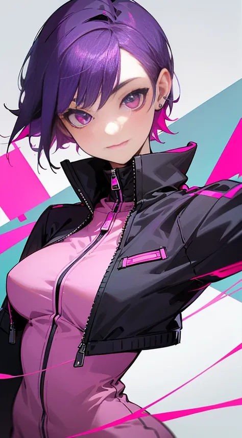 Top Quality, 8K, 4K, High Definition, Detail, (better-quality, 8K, 12), top-quality, 1 girl、only showing her face, she has purple hair, wearing a yellow pin on her right side of her hair, she has her hands together, she looking at you, she is smiling at yo...