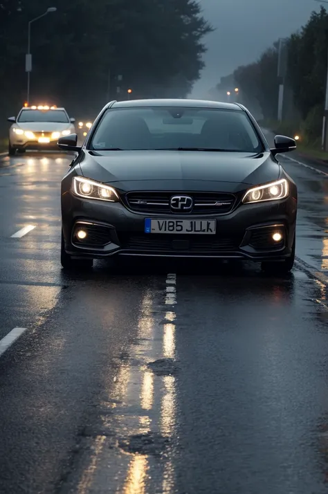 Black car lighting great wet road leaves falling in the wind