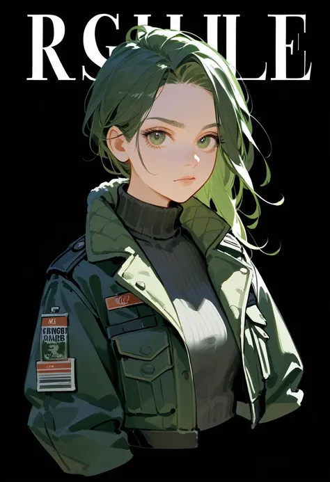 (masterpiece: 1.2, best quality), (1 lady, solo, upper body: 1.2),Detailed face, Black and white,, a girl in a black jacket and green Cargo pants standing, wearing Cargo pants, a green colored bomber jacket, Cargo pants , wearing dark green bomber jacket, ...