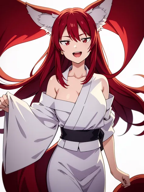 1girl ,solo,20s,mature female,smile,open mouth,red hair,long hair,fox ears,(white background),white yukata,bare shoulders,cowboy shot