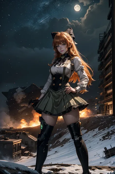 cowboy shot, (dynamic pose), smile,  underbust, Penny Polendina, long hair, neck ribbon, suspender skirt, corset, black bow, white blouse, mechanical legs, neon trim, standing, ((people in city ruins on hill, overlooking valley)), BREAK night, stars, moon,...