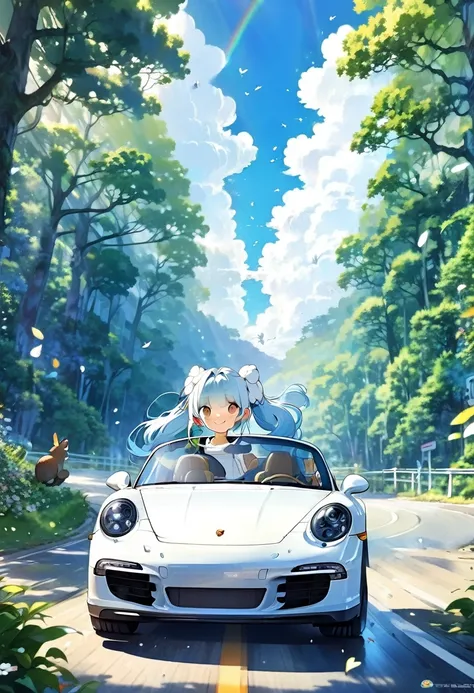 Drive a white Porsche through lush forests、Blue long hair、Beautiful girl with twin tails、Bigger in the center、Side view of the car、Splash art that makes you feel the wind、blue sky、White cloud、Bright smile、Friends of the Forest、squirrel、rabbit、owl