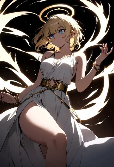 Create a beautiful woman with blue eyes and blonde hair, she white tunic, with gold bracelets, and a golden halo of energy over your head, she has a beautiful body with medium breasts and thighs too, at the waist there is a golden belt