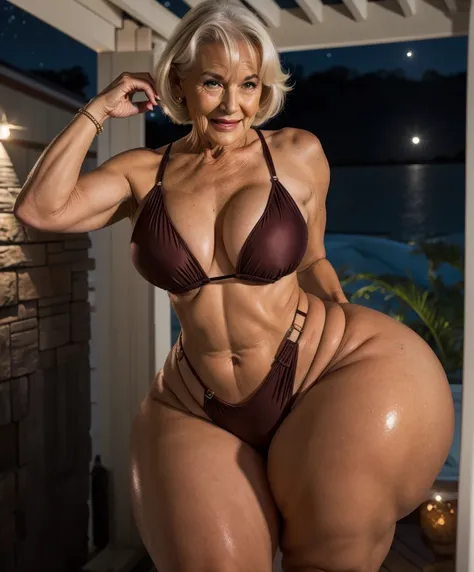 Beautiful elderly woman with amazing body wearing a beige swimsuit at night