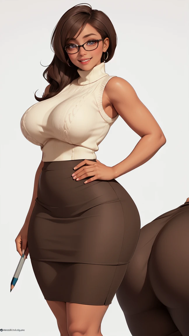 view from behind, big butt, wide hips, slim waist, thick thighs, Velma,  glasses, smile, ((sleeveless sweater)), (((pencil skirt))), (((brown skin))), detailed skin, perfect legs, perfect thighs, (((curvy body))), BIG BREASTS, INVITING TO SEX