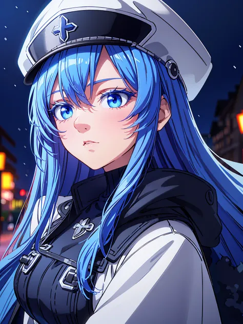 a girl with long blue hair, blue eyes, blue eyelashes, big breasts, white sweatshirt with a hat, walking, upset, on a street in Russia, snowing heavily, at night, (best quality,4k,8k,highres,masterpiece:1.2),ultra-detailed,(realistic,photorealistic,photo-r...