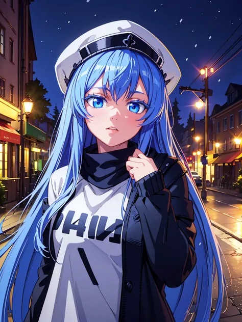 a girl with long blue hair, blue eyes, blue eyelashes, big breasts, white sweatshirt with a hat, walking, upset, on a street in Russia, snowing heavily, at night, (best quality,4k,8k,highres,masterpiece:1.2),ultra-detailed,(realistic,photorealistic,photo-r...