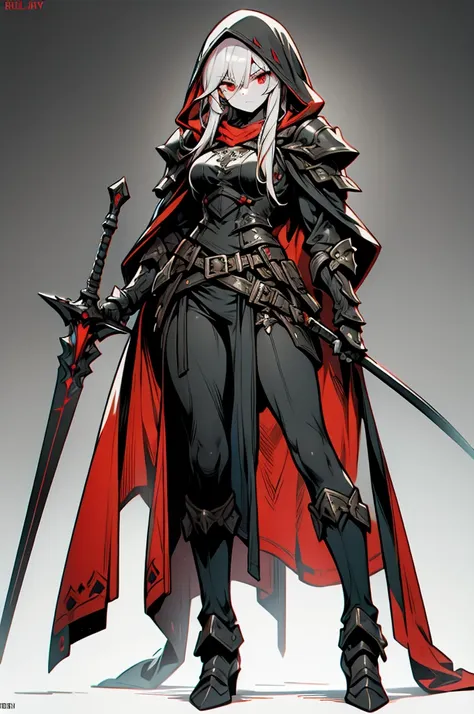 female elf rogue, silver hair, white skin, sinister black hooded cape, red eyes, leather armor, full body art.