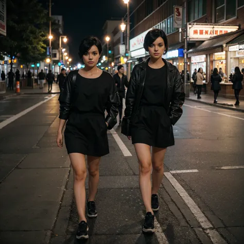 Girl with medium short black hair. Walking at night 